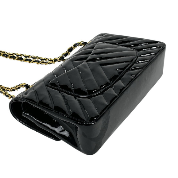 Chanel Stitch Shoulder Enamel Chain Chain V Bag Patent W Black Leather Chevron - Picture 1 of 11